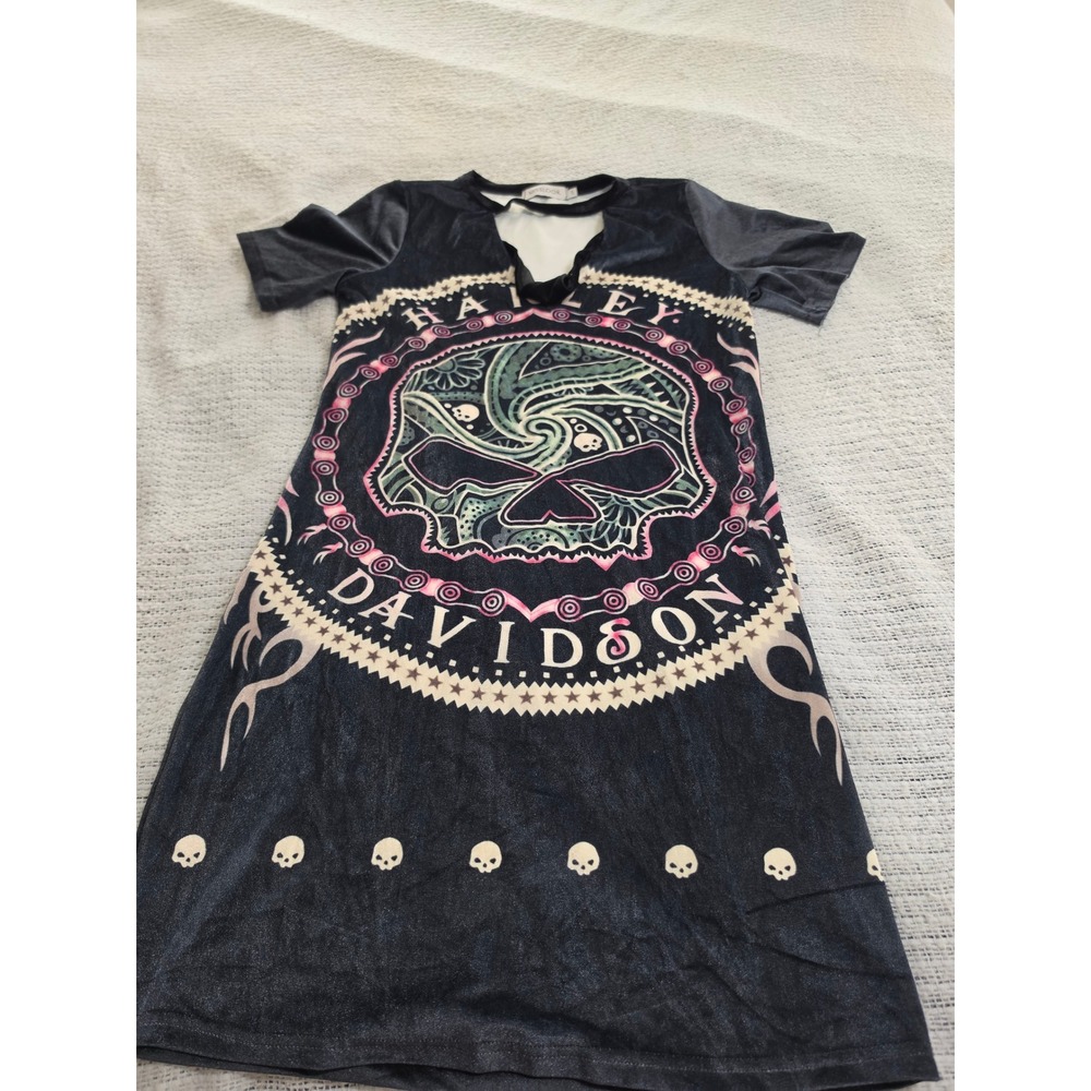 Misslook Harley Davidson Style Skull Graphic Velvet Mini Dress Black Small